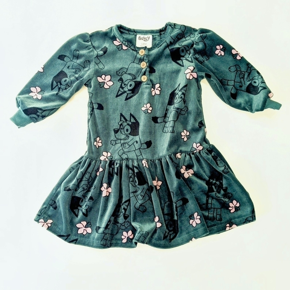 ⚡Toddler Girls' Bluey Velour Dress - Teal Blue